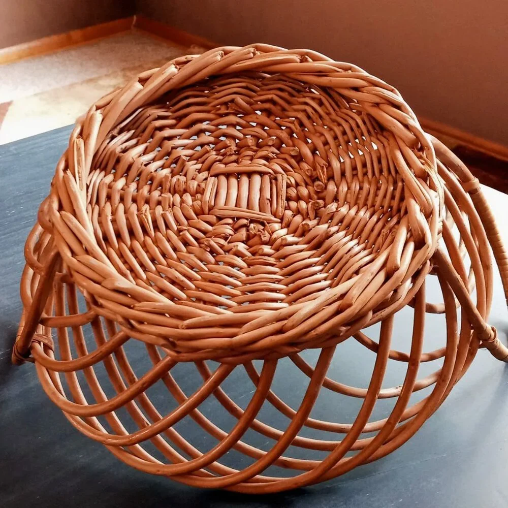 Vintage Boho Chic Wicker Rattan Bowl Basket Farmhouse Rustic Decor w/Handles